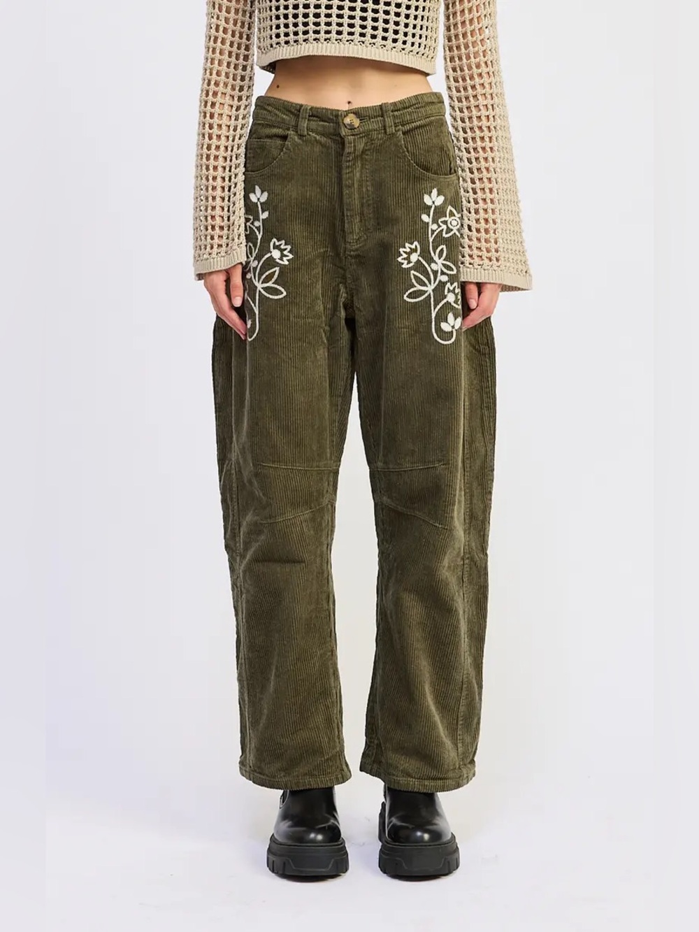 Jacquie‎ The Label Olive  Embroidered Corduroy Barrel-Leg Sylvie Pants Sz. M NWT